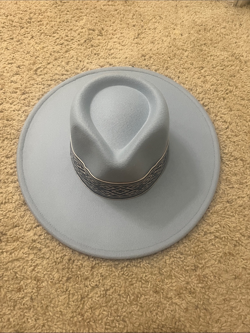 Light Blue Wide Brim Felt Hat with Patterned Band